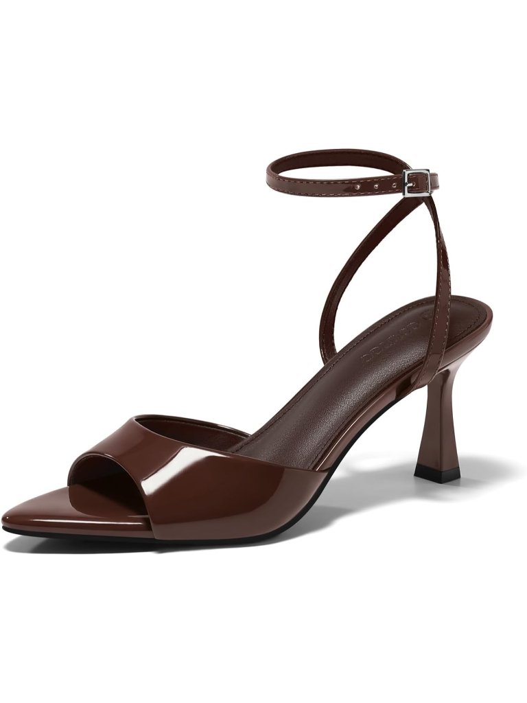 Women's Coffee Faux Leather Summer Pointed Open Toe Buckle Strap Heeled Sandals
